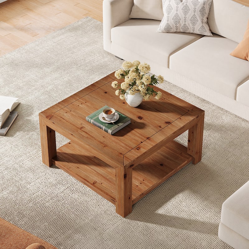 Square Solid Wood Coffee Table, Open Storage Shelf Living Room Center Cocktail Accent Table