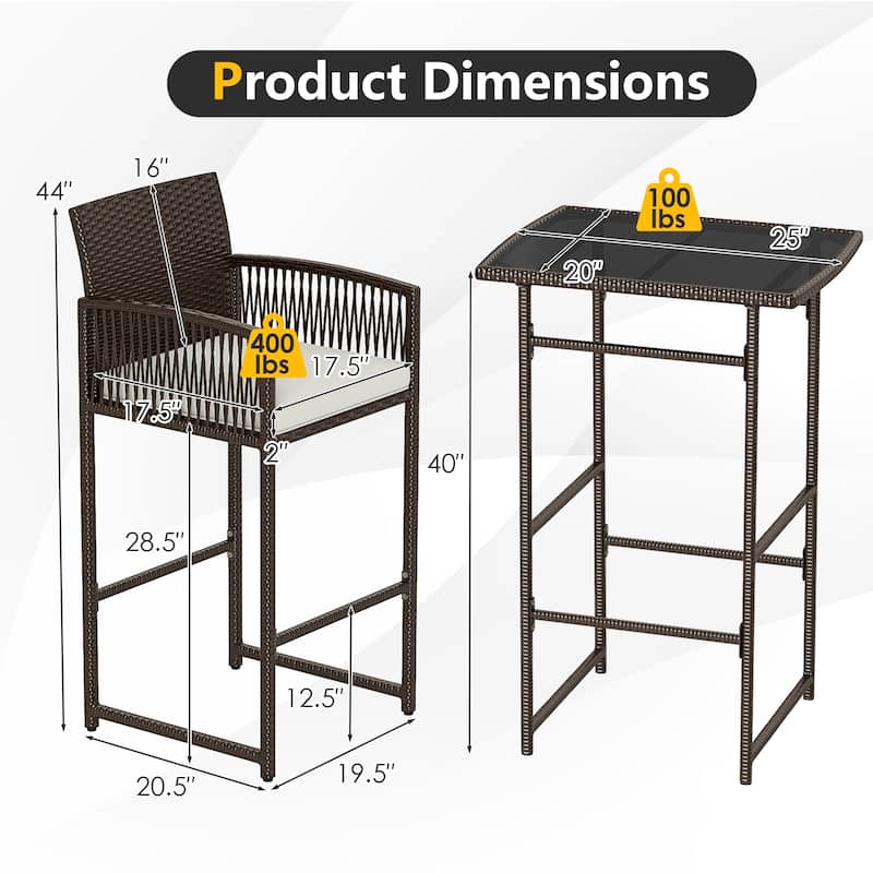 Costway 3 PCS Patio Bar Set Wicker Table & Armchairs with 2 Cushions - See Details