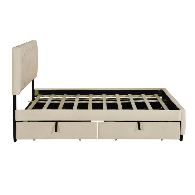 Queen Size Velvet Upholstered Platform Bed with 2 Drawers and 1 Twin XL Trundle Bed Bath
