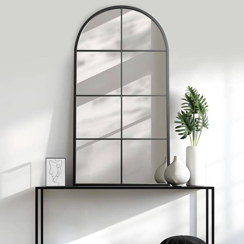 Iron Metal Frame Rectangular Windowpane Wall Mirror Farmhouse Rustic Elegant Decor for Living Room Bedroom Bathroom Entryway