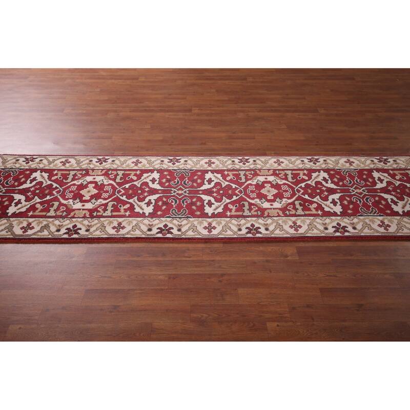 Red & Ivory Oushak Oriental Runner Rug Handmade Floral Wool Carpet - 2'7"x 11'5"