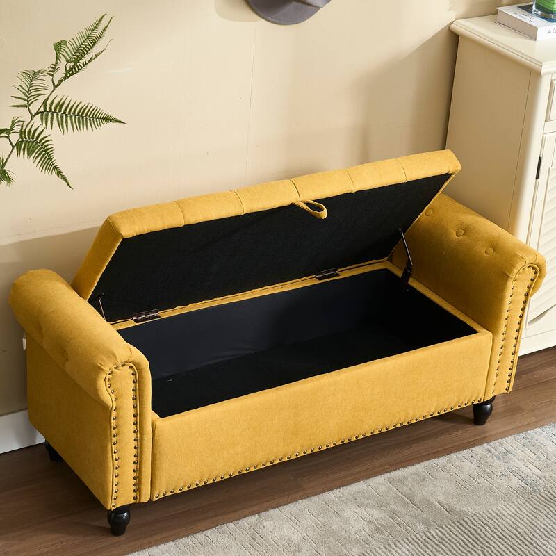 Upholstered Storage Ottoman Bench - Button Tufted Linen Ottoman with Hidden Storage for Living Room or Bedroom