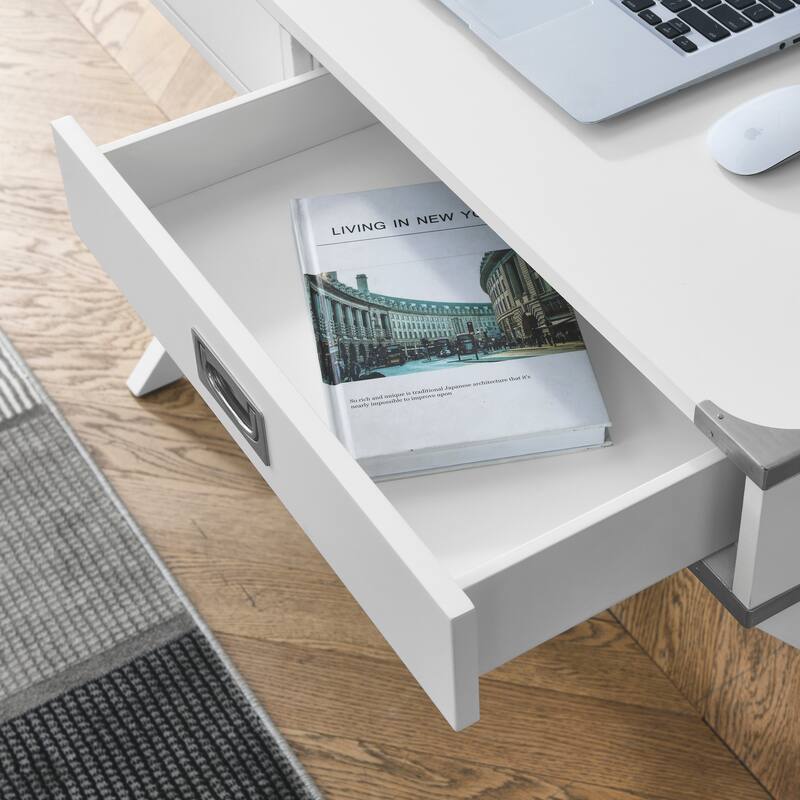 Computer Desk with Storage, Solid Wood Desk with Drawers, Modern Study Table for Home Office,Small Writing, White