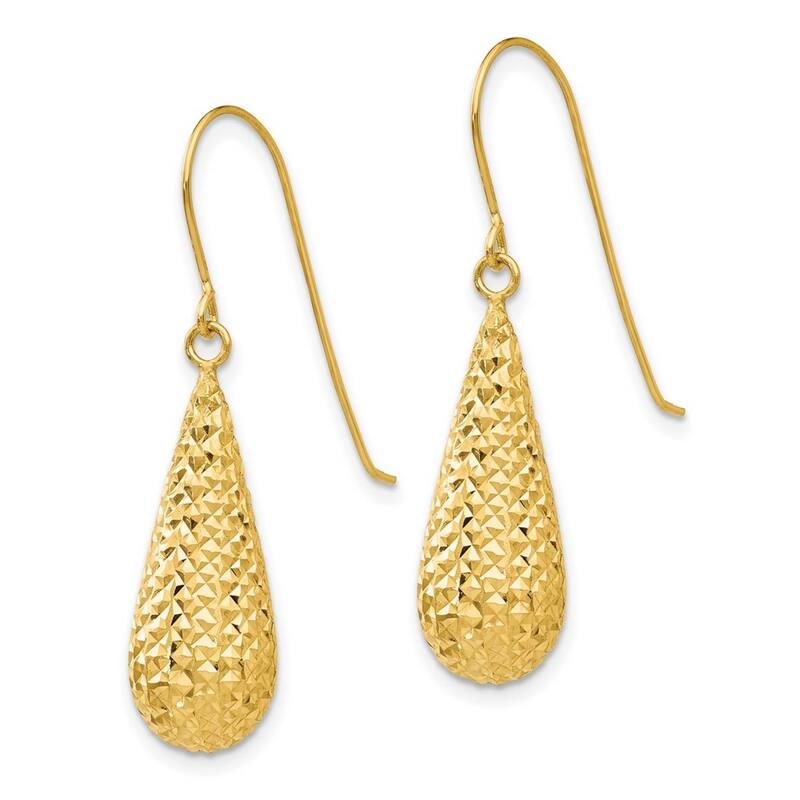 Curata 14k Yellow Gold 29x8mm Sparkle Cut Puff Tear Drop Dangle Hook Earrings