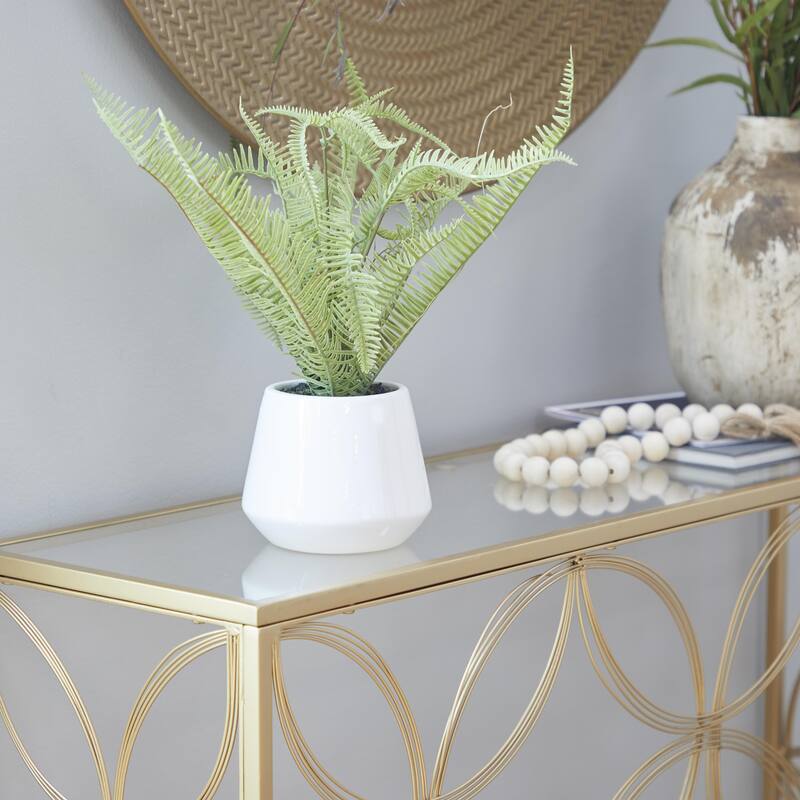 Faux Foliage Fern Artificial Plant with Realistic Leaves and White Ceramic Pot - Green - Roche River Decor