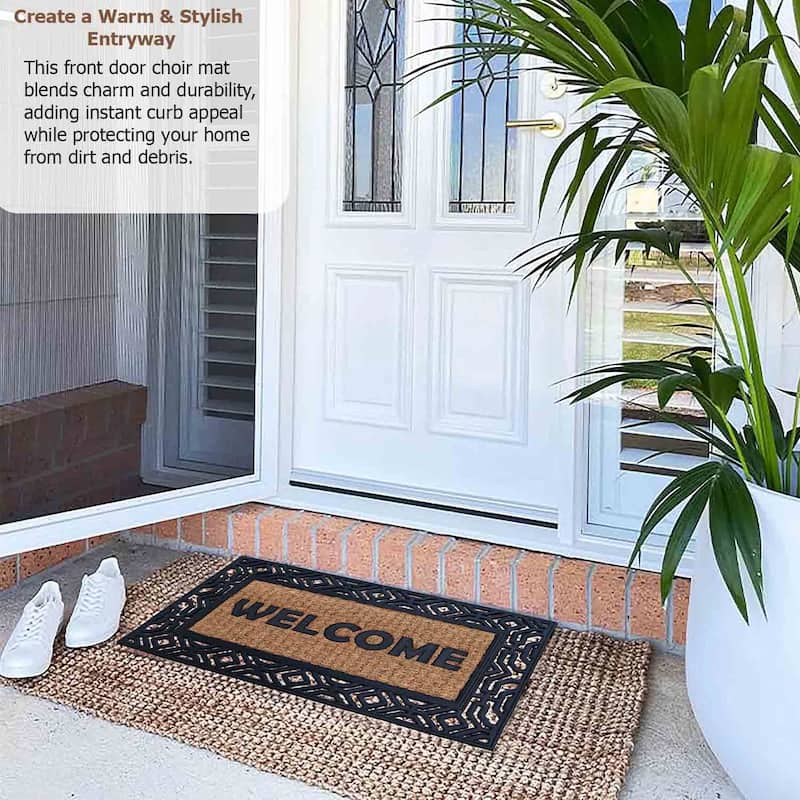 Gardenised Heavy Duty Coco Coir Doormat Non Slip PVC Baking Embossed Welcome Design Natural Coconut Fiber Floor Mat 18x30"