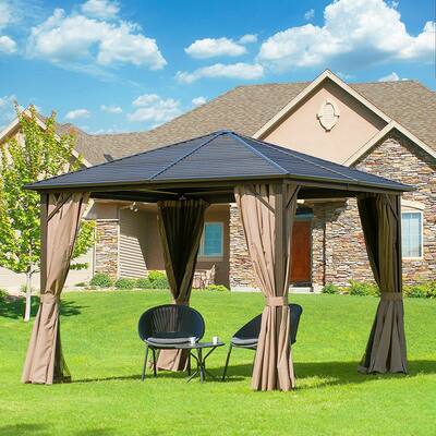 10'x12' Outdoor Hardtop Gazebo Galvanized Steel roof, Gazebo for Patio with Canopy Privacy Curtains and Netting