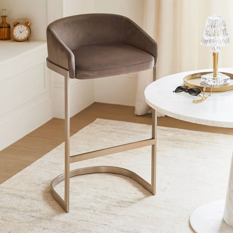 Xone 29 inch Set of 2 Modern Barstools, Curved Fabric, Metal Base, Brown