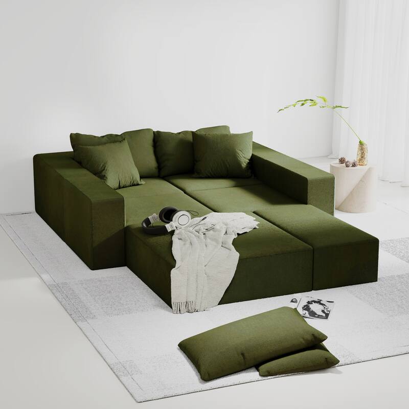 L Shaped Modular Sectional Sofa with Ottoman, Oversized Chenille Upholstered Boneless Sofa, Compression Sofa with 6 Pillows