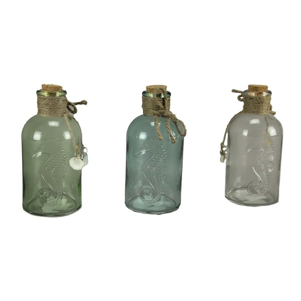 Blue Green Clear Glass Decorative Bottles Seahorse Design Coastal Decor Set of 3 - 7 X 3.25 X 3.25 inches