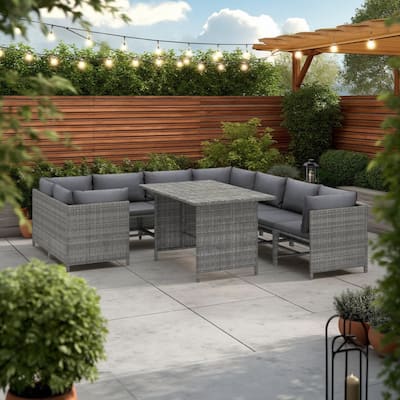 Avio 9pc Outdoor Modular Sofa Set, Square Coffee Table, Gray Rattan