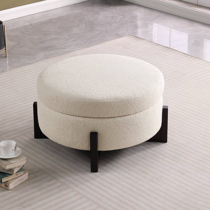 Stylish Round Beige Ottoman with Storage, Oak Fold-Out Legs for Living Room & Bedroom - Beige