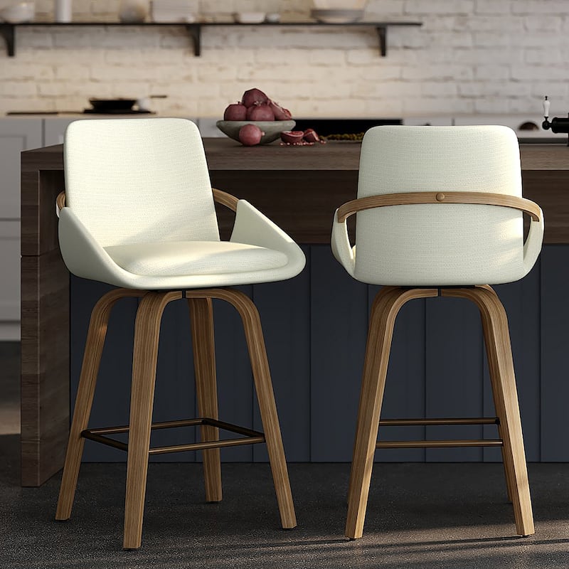 Modern Fabric & Bentwood 26" Counter Stool w/Swivel, Set of 4 - Ivory & Whitewash