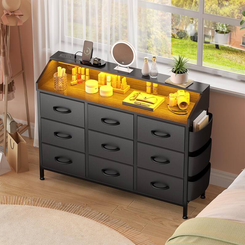 Dresser for Bedroom 9 Fabric Drawers Chest with Power Outlet LED Light
