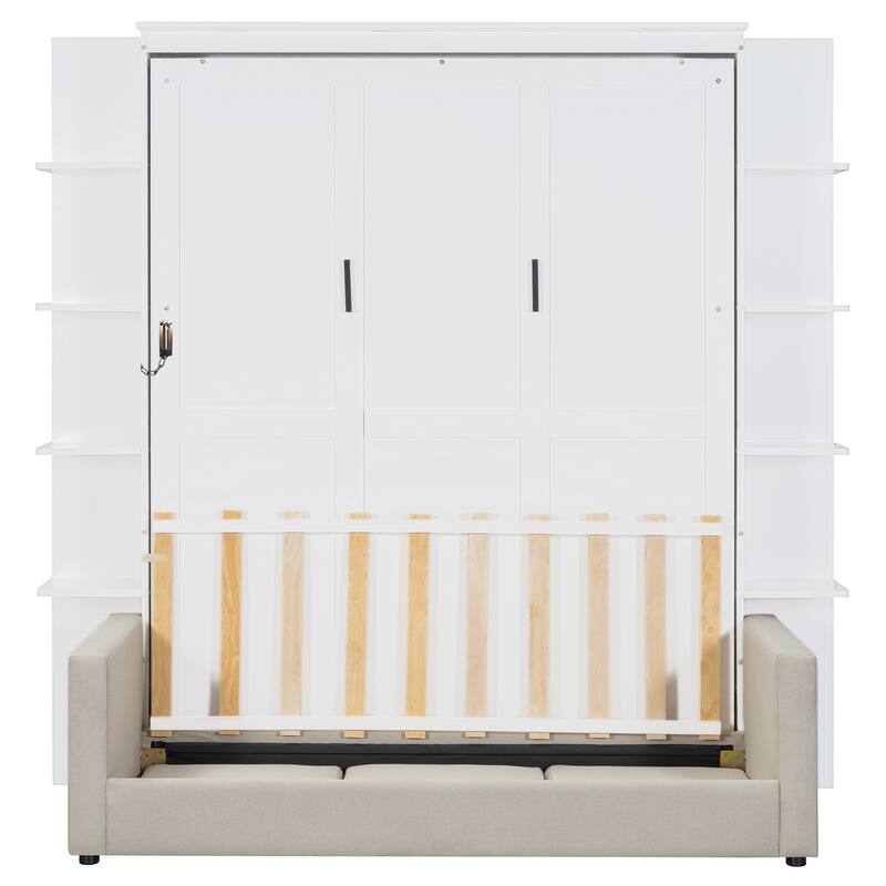 White Queen Size Wall Bed with Sofa, Space-Saving Foldable Design