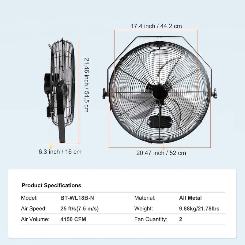 2 PCS 18 inch Manual 360-Degree Tilt Adjustment, 3-speed High Velocity Max. 4000 CFM Industrial Wall Fan for Indoor, Commercial