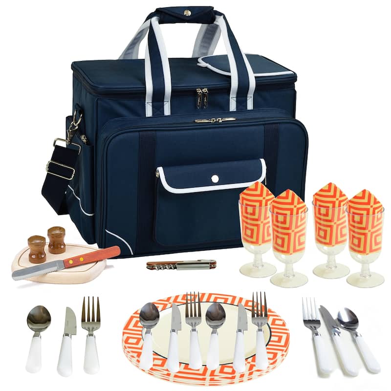 Picnic at Ascot- Cooler Bag on Wheels with Service for 4 - Blue/Orang