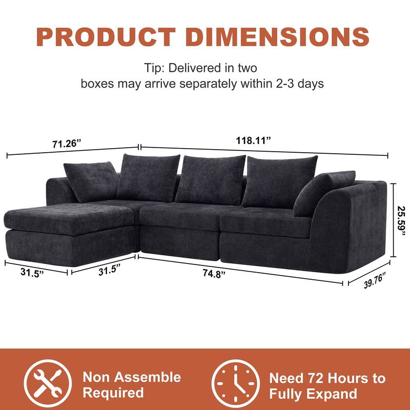 118 inch Oversized 3 Seater Deep Seat L-Shaped Sectional Couches Cloud Chenille Modular Boneless Sofa with Movable Ottoman