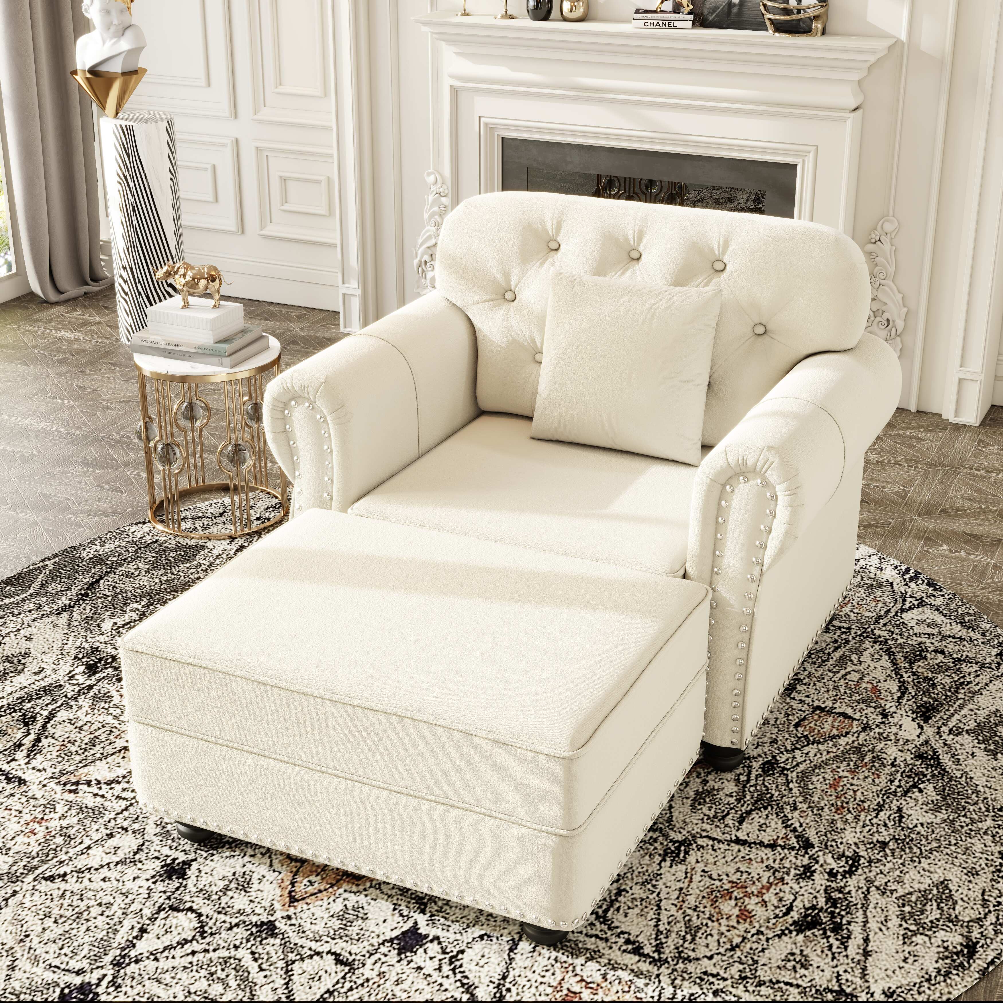 GDFStudio - Mid-Century Modern Chesterfield 41.3" Single Sofa with Ottoman