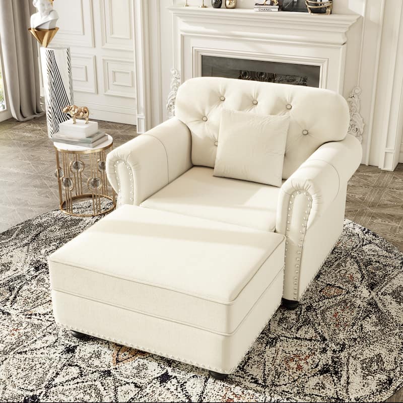 Velvet Chaise Lounge Chair with Ottoman, Mid-Century Modern Chesterfield Single Sofa Chair with Rolled Arms & Nailhead Trim - Beige+White