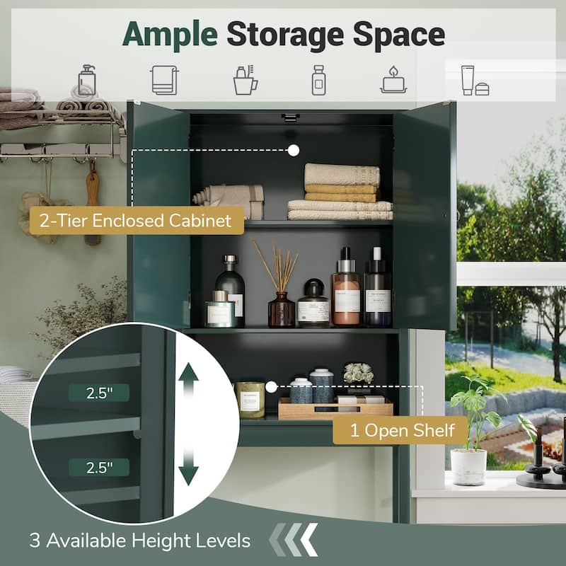 Over the Toilet Storage Cabinet with Double Doors and Adjustable Shelves Bathroom Organizer Green - 23.5" x 9" x 66"