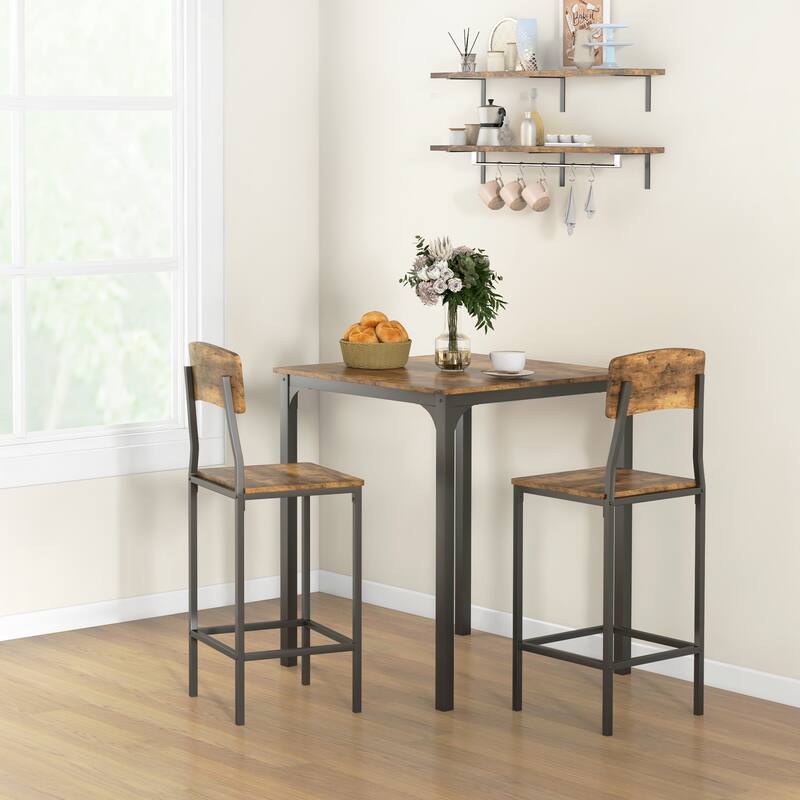 3 Piece Counter Height Bar Table and Chairs Set Industrial Small Dining Table Square Kitchen Table and Stools with Steel Frame
