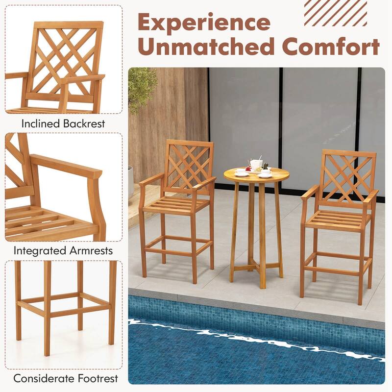 Costway 1/2/4 PCS Patio Teak Wood Bar Stool with Ergonomic Backrest
