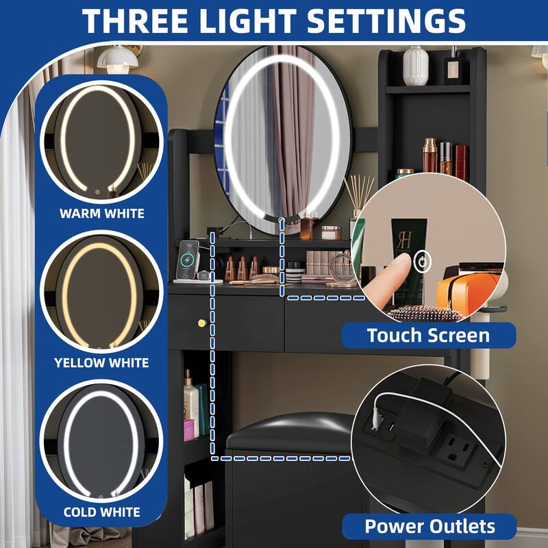 Moasis Makeup Vanity Set With Storage Ottoman and LED Lighted Mirror & Charge Station