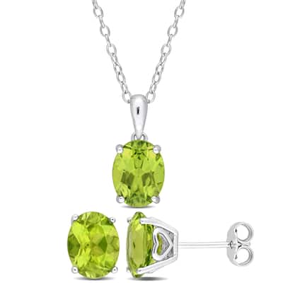 Miadora 5 3/4ct TGW Oval Peridot Solitaire Necklace and Stud Earrings Set in Sterling Silver