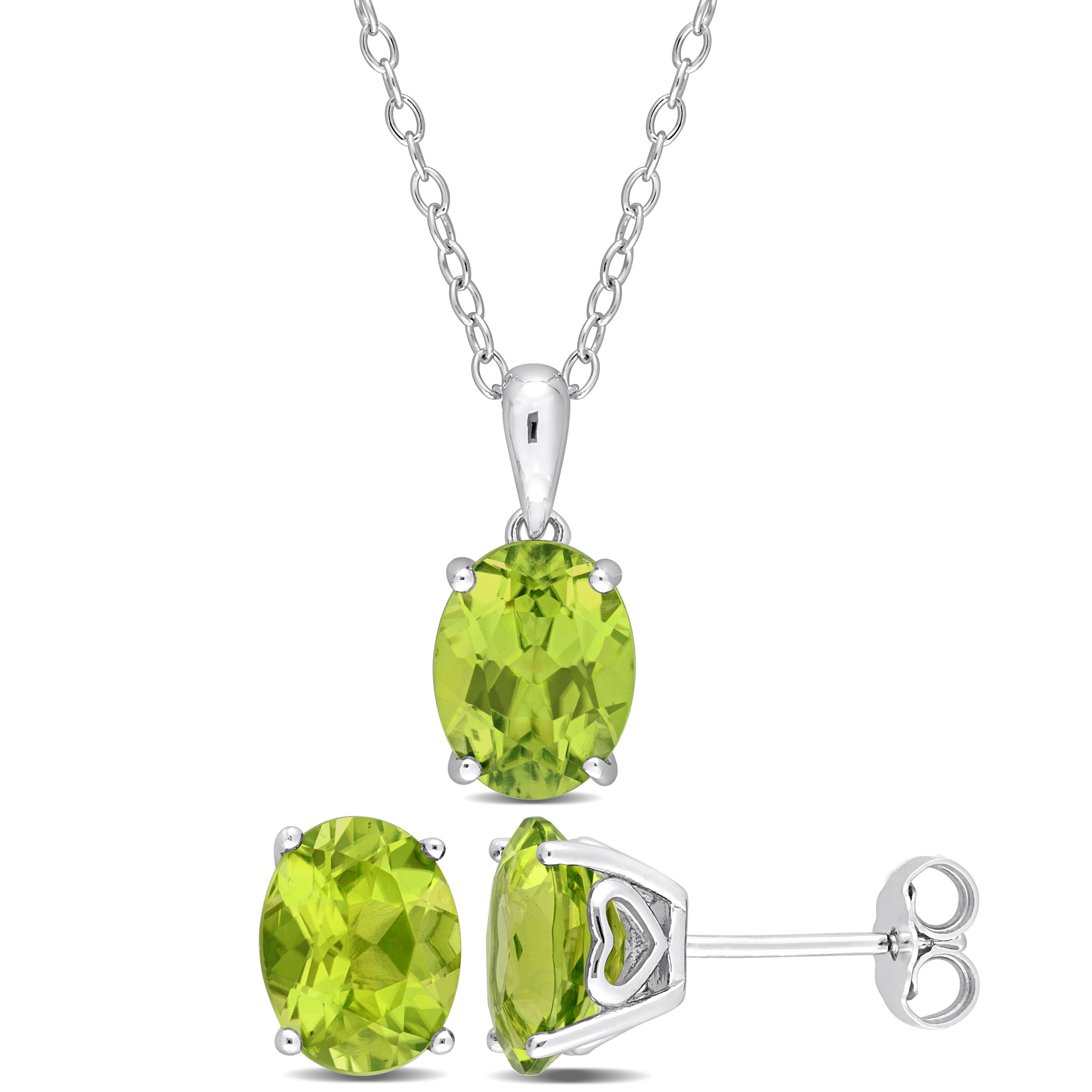 Miadora 5 3/4ct TGW Oval Peridot Solitaire Necklace and Stud Earrings Set in Sterling Silver