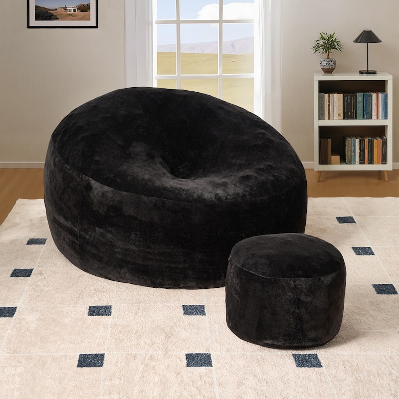 HOOOWOOO Dutch Velvet Fabric Bean Bag Chair with Ottoman - Black