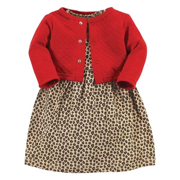 slide 1 of 1, Hudson Baby Toddler Girl Quilted Cardigan and Dress, Leopard Red 2T - Leopard Red