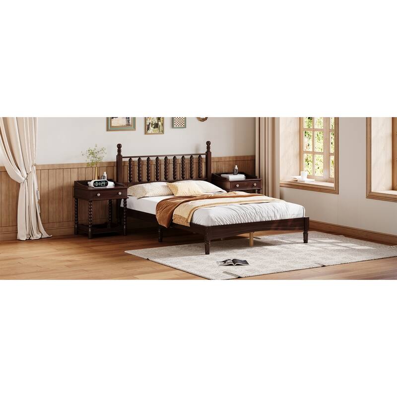 Full Size Wood Platform Bed with Gourd Shaped Headboard,Retro Style Platform Bed with Wooden Slat Support,Walnut