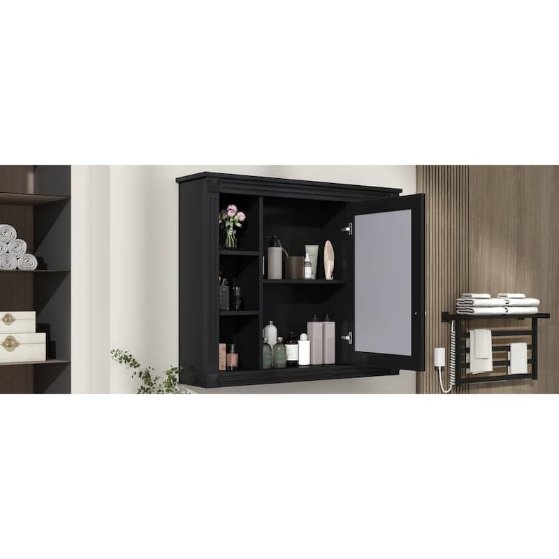 Roomfitters 35"x28" Wall Mounted Mirror Cabinet with 6 Open Shelves, Modern Bathroom Storage Organizer, Black