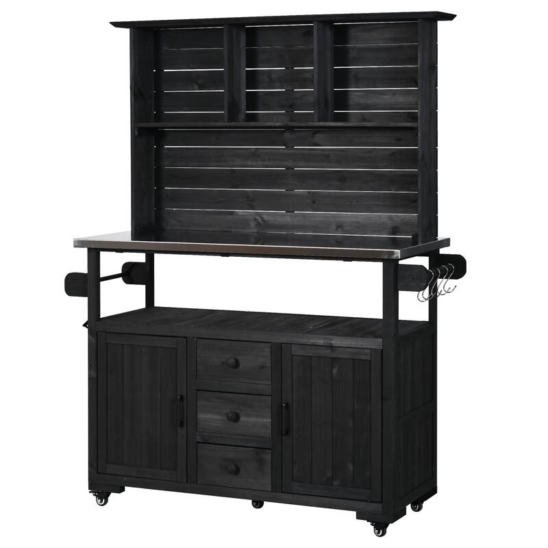 65" Outdoor Potting Bench with Stainless Steel Top, Rolling Garden Workstation with Hutch & Storage