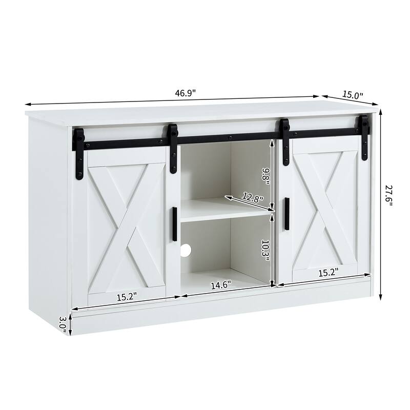 White 46.9" TV Stand with Two Sliding Barn Doors and 3-Layer Storage Space for Living Room