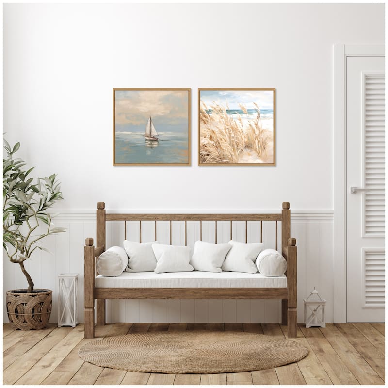 Kate and Laurel Sylvie Beach Grass and Calm Pastel Sailboat Framed Canvas Art Set by The Creative Bunch Studio