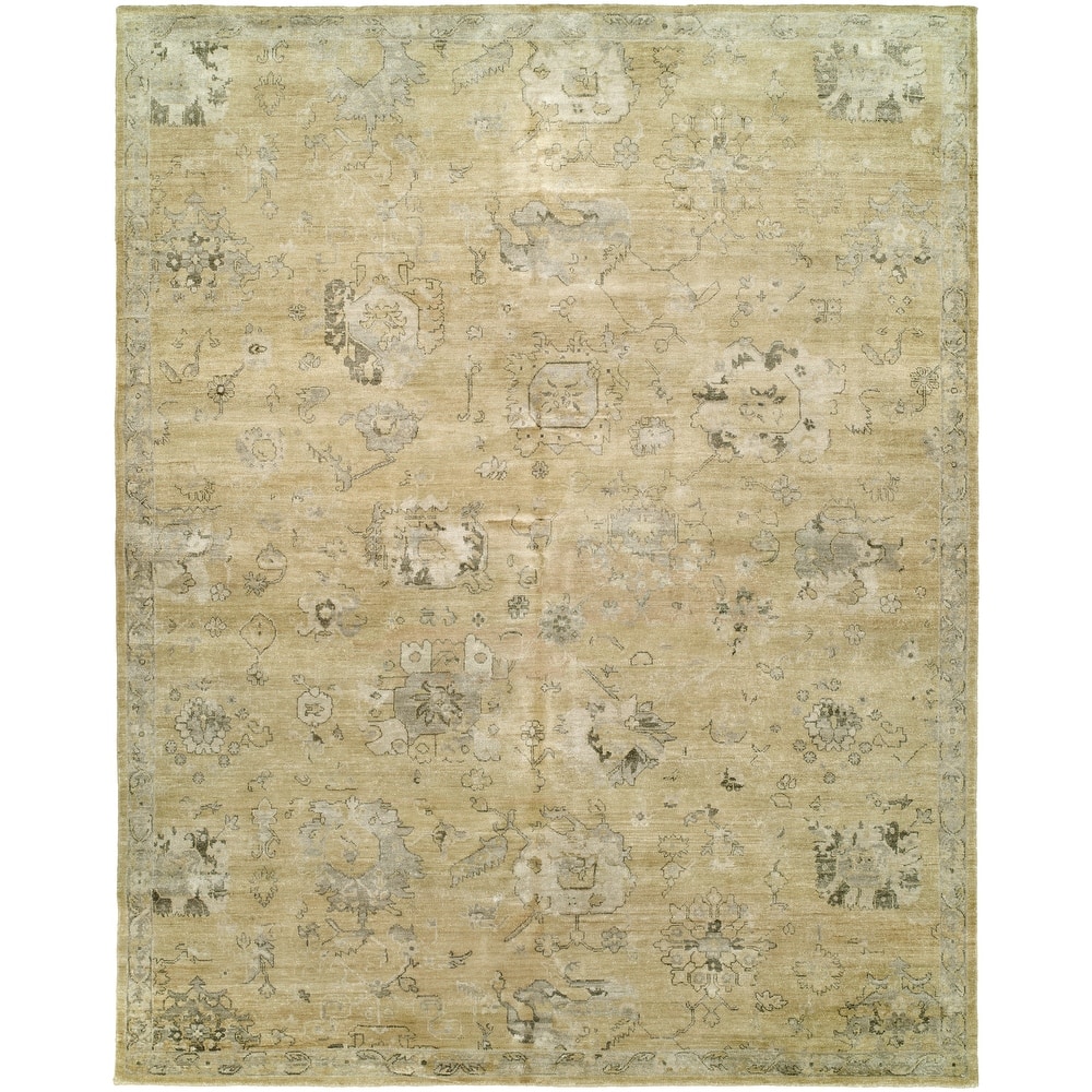 Transitional Beige Hand-Knotted Viscose Area Rug
