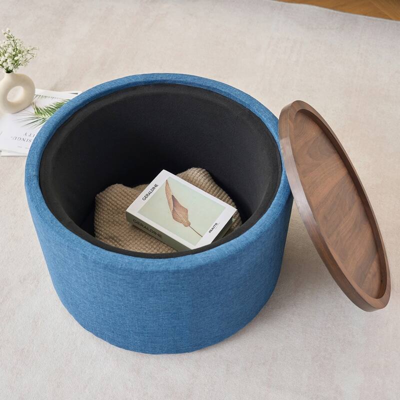 22.75" Linen Upholstered Round Nesting Storage Ottoman