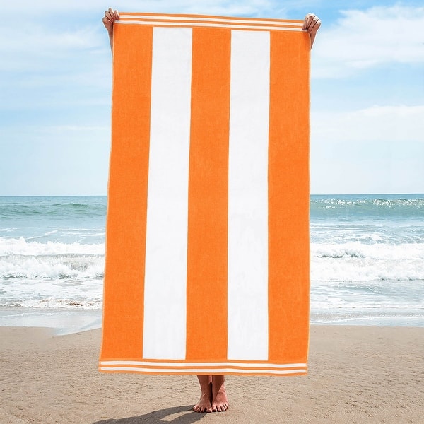 Superior Oversized Cabana Stripe Beach Towel 100% Cotton, Reversible Velour/Terry, Quick‑Dry & OEKO‑TEX Certified - Orange