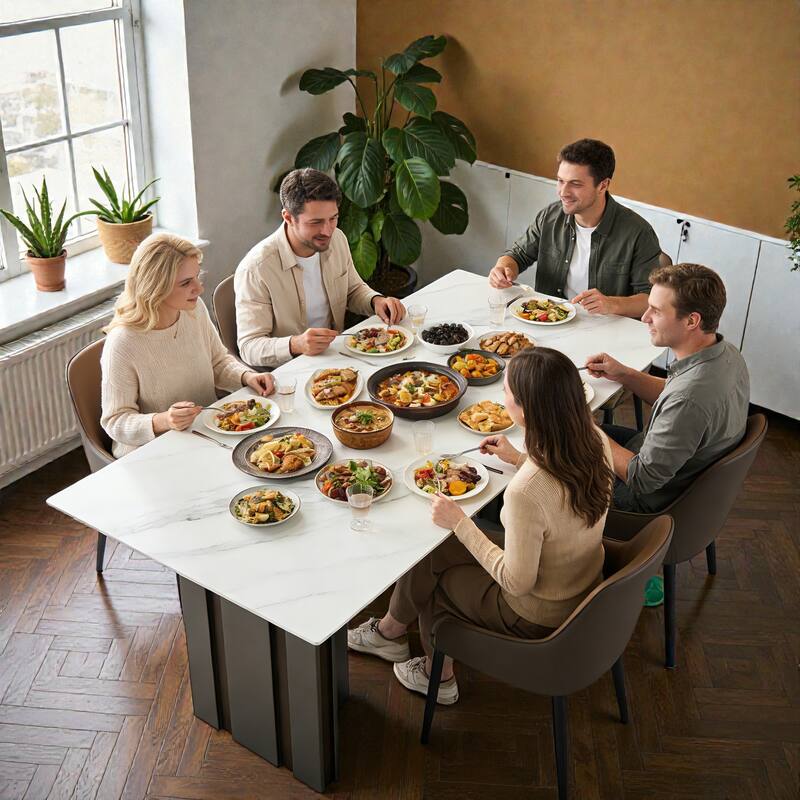 69.3 Inch Rectangular Dining Table with White Marble Glass Top, Modern Dining Table for 4 to 6 People