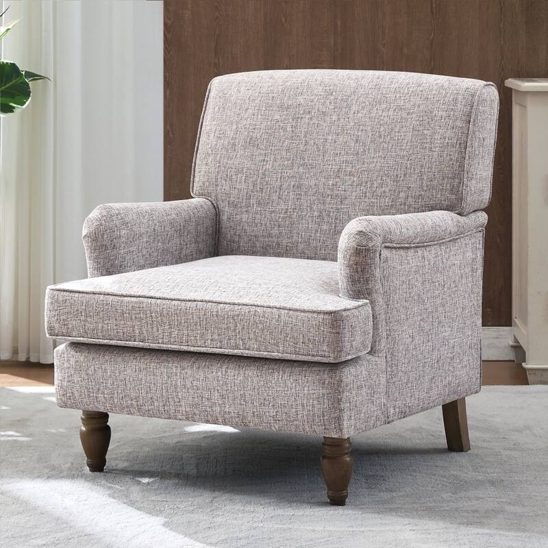 Upholstered Linen Fabric Armchair with Antique Solid Wood Legs
