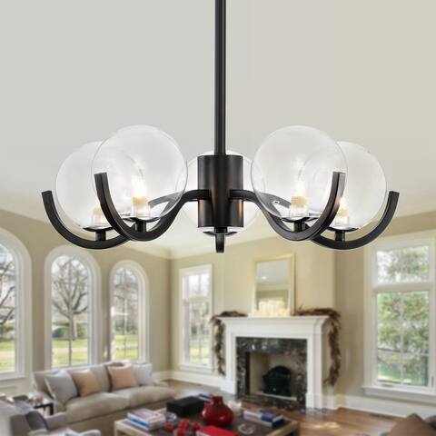 19" Thomes Matte Black 5-Light Chandelier with Glass Globe Shade