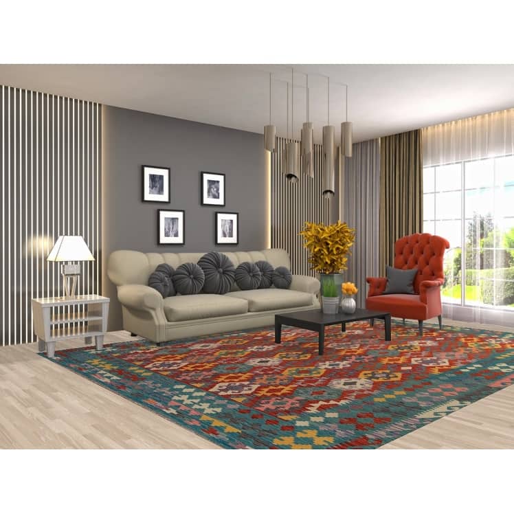 Geometric Kilim Oriental Area Rug Hand-Woven Tribal Wool Carpet - 8'5"x 11'6"
