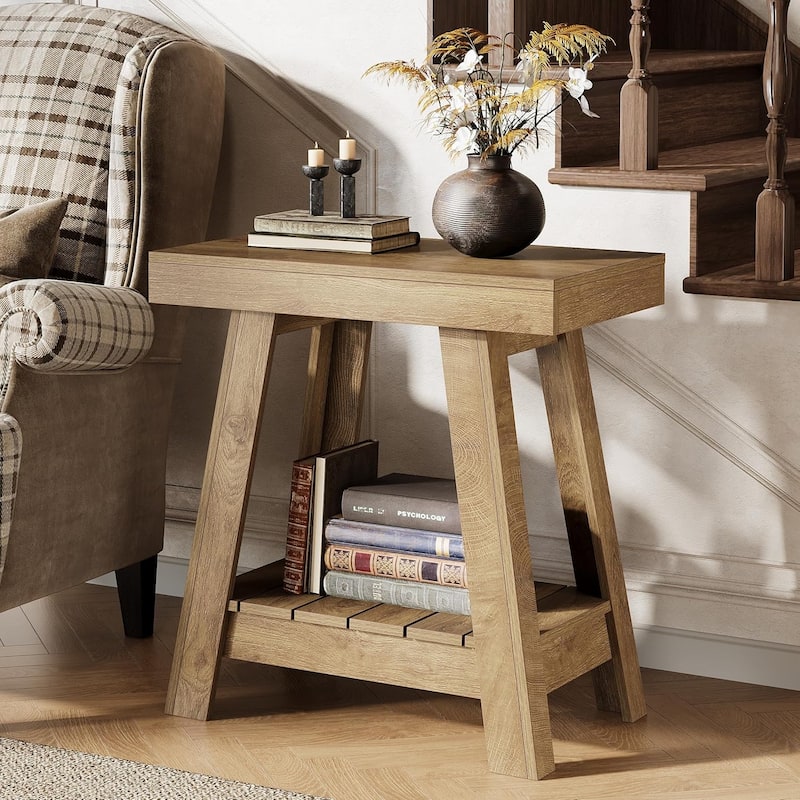 2-Tier Wooden End Table, Farmhouse Small Sofa Side Table with Storage