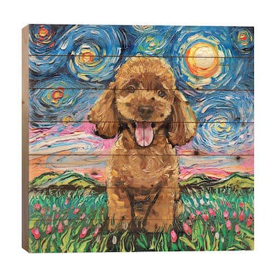 Apricot Poodle Night Print On Wood by Aja Trier - Multi-Color