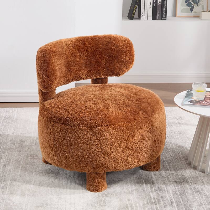 Fabric Armless Accent Chair with Curved Backrest & Solid Wood Legs - Khaki-Faux Fur
