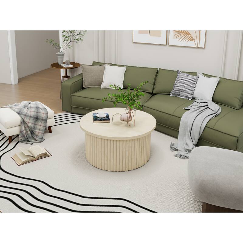 Round Coffee Table with Wood Grain Vertical Stripes, Small Fluted Circle Side Table, Center Table with Adjustable Feet