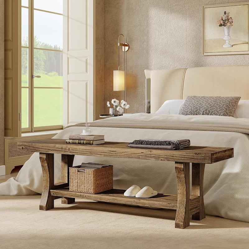 55 Inch Solid Wood Entryway Bench with Shoe Storage, 2-Tier End of Bed Bench Foyer Dining Bench - 55.1" W x 13.8" D x 17.7" H