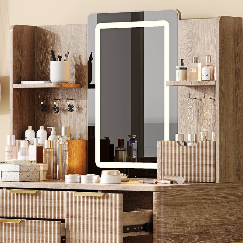 4-Drawer Vanity Desk with LED Mirror, Carved Fluted Details, Metal Legs & PU Stool